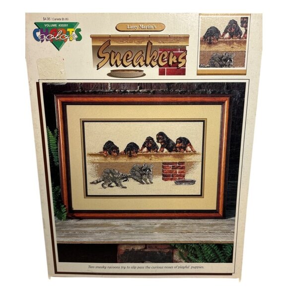 Larry Martins  Sneakers Cross Stitch Pattern Puppies Racoons Color Graph - Picture 1 of 3